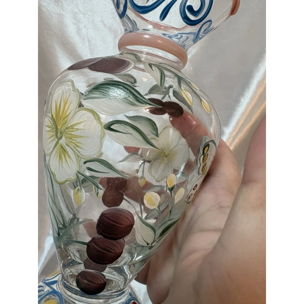 Vintage Tracy Porter Hand Painted Glass Floral Butterfly Bud Vase Ruffled edge